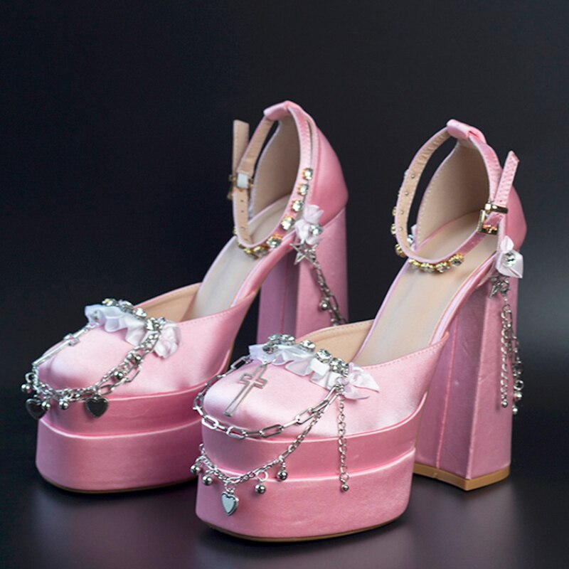 womens satin pink heels medusa pumps holy revelation platform high heel shoes prom wedding unique shoes