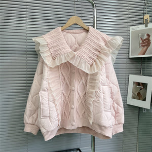 Winter Coquette Dollette Aesthetic Peter Pan Collar Knitted Patchwork Quilted Baby Pink Jacket