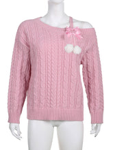 Harajuku Kawaii Aesthetic Lolita Fashion Winter Coquette Dollette Off Shoulder Pom Pom Pink Knit Sweater