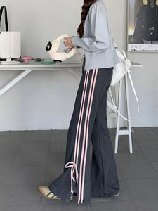womens aesthetic outfits flared pants joggers gray sweatpants with side stripes pink bows coquette aesthetic clothing store