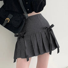 korean fashion dark grey pleated mini skirt with black bows