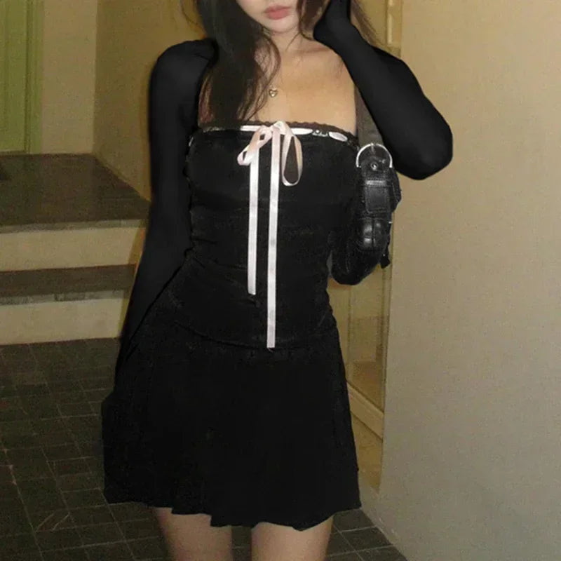 Womens Coquette Aesthetic Black Long Sleeve Mini Dress with Pink Bow