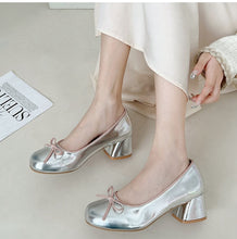 Korean Elegant Coquette Aesthetic Balletcore Round Toe Silver Chunky Heels Shoes Pumps