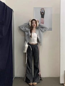 womens korean fashion outfits high waist wide leg gray pants pink bows aesthetic clothing store online