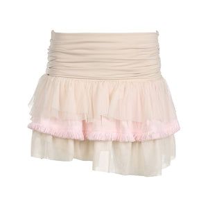 Kawaii Aesthetic Balletcore Coquette Dollette Tiered Mesh Beige Baby Pink Low Rise Micro Skirt