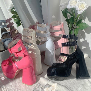 Kawaii Aesthetic Coquette Dollette Baby Pink Bow Straps Platform Mary Jane Shoes Pumps