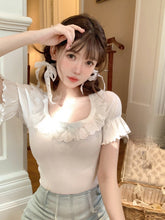 Kawaii Aesthetic Coquette Dollette Lace Neckline Rib Knit Tshirt Blouse