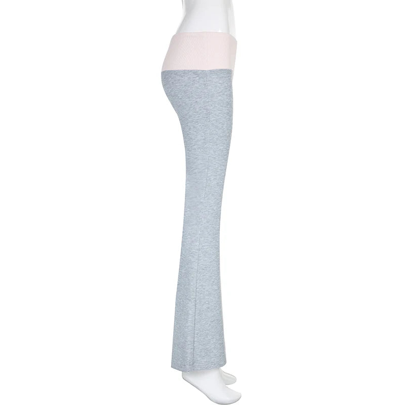 Y2K Low Rise Grey Pink Fold Over Yoga Pants Flared Leggings