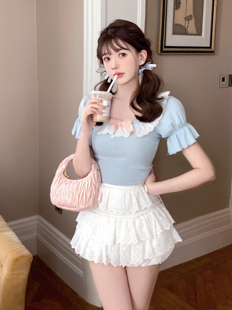 Kawaii Soft Girl Aesthetic Coquette Dollette Ruffle Lace Mini Skirt – The  Kawaii Factory