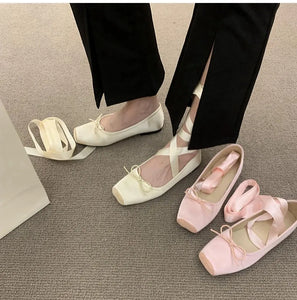 womens aesthetic shoes square toe ballet flats pink ivory criss cross laces