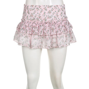 Kawaii Aesthetic Coquette Dollette Floral Print Low Rise Pink Chiffon Micro Skirt
