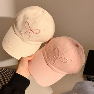 womens korean fashion white pink embroidered bow baseball caps