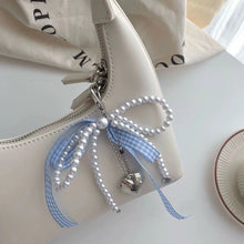 aesthetic fashion bag charm blue gingham ribbon pearl keychain