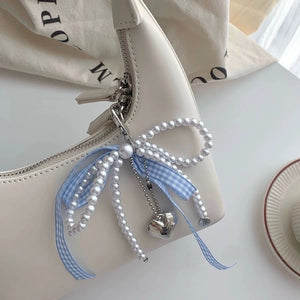 aesthetic fashion bag charm blue gingham ribbon pearl keychain