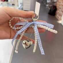 coquette fashion bag charm blue gingham ribbon pearl keychain