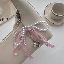 coquette fashion bag charm pink gingham ribbon pearl keychain