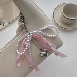 coquette fashion bag charm pink gingham ribbon pearl keychain
