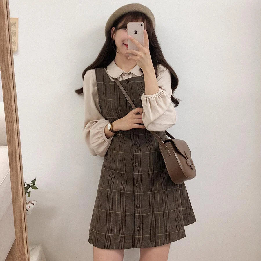 Womens Dark Academia Outfits Plaid Brown Mini Dress Set The Kawaii Factory Womens Dark Academia Outfits Plaid Brown Mini Dress Set The Kawaii Factory