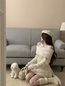 fashion dress korean style fall winter off the shoulder jumper dress white