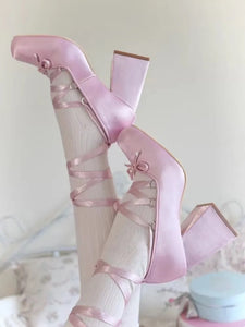 chunky heels pink satin dollette shoes