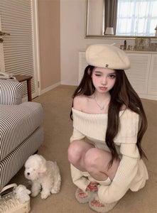 k pop attire female cute korean dresses white knit sweater jumper dress