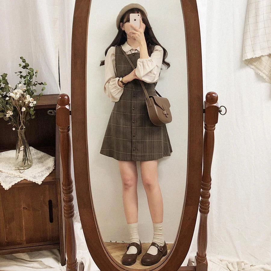 brown aesthetic dress Womens Dark Academia Outfits Plaid Brown Mini Dress Set – The Kawaii Factory