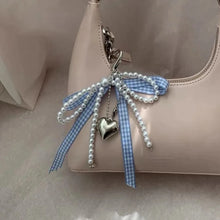 korean fashion bag charm blue gingham ribbon pearl keychain