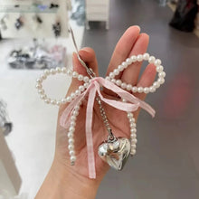 korean fashion bag charm pink gingham ribbon pearl keychain