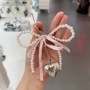 korean fashion bag charm pink gingham ribbon pearl keychain