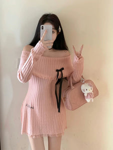 korean girl outfits pink off the shoulder sweater dress clothes with bows