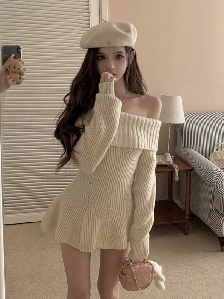 Womens Kawaii Coquette Aesthetic Off Shoulder Knit Dress Beige
