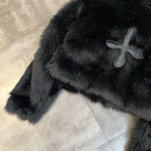 womens aesthetic fashion black faux fur short jacket