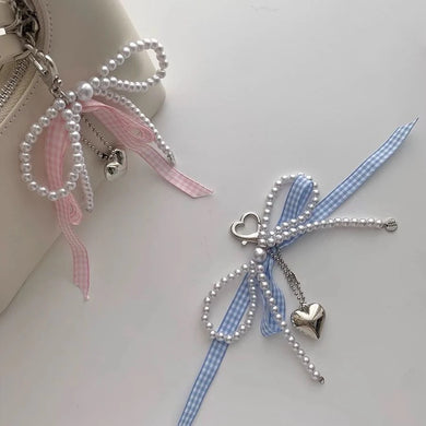 womens bag charms ribbon pearls heart charm pendant keychain
