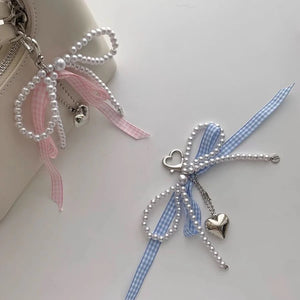 womens bag charms ribbon pearls heart charm pendant keychain