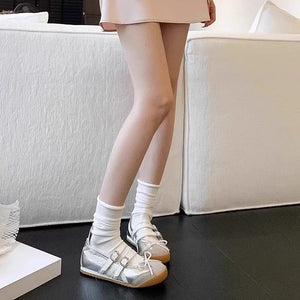 womens coquette aesthetic ballet core silver sneaker ballet flats mary jane shoes