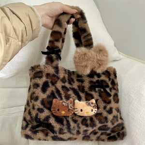 womens cute kawaii aesthetic brown hello kitty plush handbag cheetah print