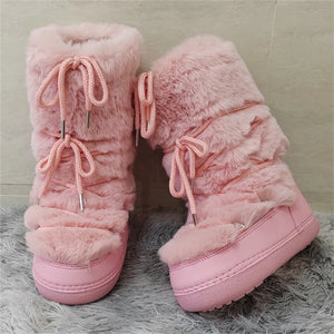 womens cute knee high snow boots pink fuzzy boots