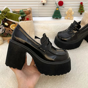 womens dark academia fashion block heel platform loafers black