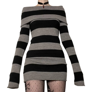 Womens 90s Y2K Aesthetic Black Off Shoulder Long Sleeve Striped Knit M The Kawaii Factory Womens 90s Y2K Aesthetic Black Off Shoulder Long Sleeve Striped Knit M The Kawaii Factory