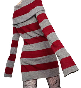 womens emo goth y2k 90s grunge rock aesthetic long sleeve striped knit sweater dress red