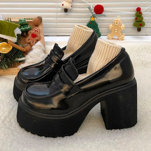 womens gyaru shoes patent leather black chunky platform high heel loafers shoes