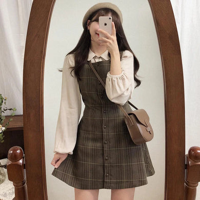 womens korean dark academia fashion brown plaid mini dress fall 2024