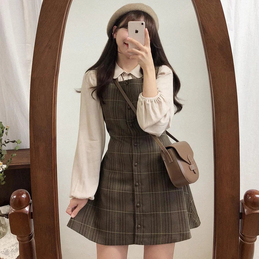 Womens Dark Academia Outfits Plaid Brown Mini Dress Set The Kawaii Factory Womens Dark Academia Outfits Plaid Brown Mini Dress Set The Kawaii Factory