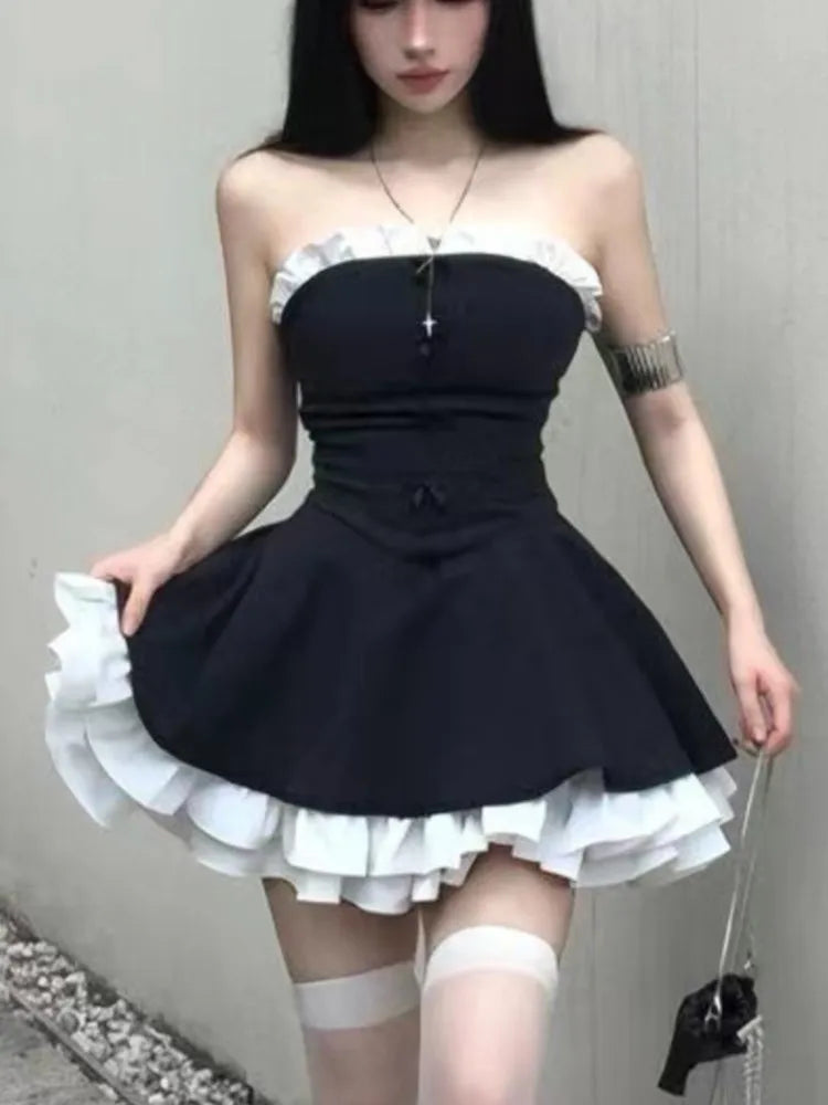Womens Aesthetic Clothes Gothic A-line Black Strapless Mini Dress – The  Kawaii Factory