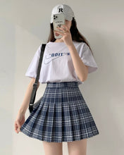 womens korean fashion outfits high waisted blue check plaid pleated mini skirt