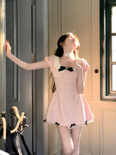 womens korean outfits coquette aesthetic girly light pink puff sleeve mini dress
