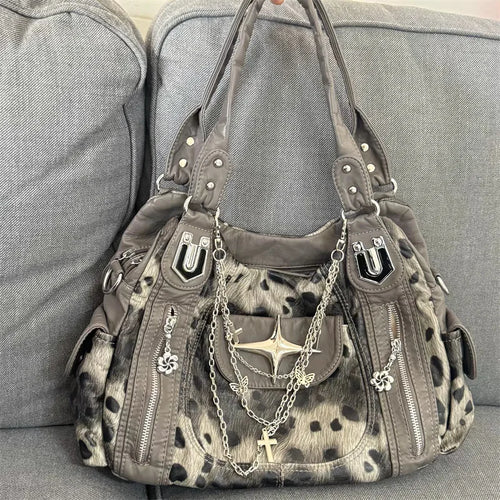 womens leopard print tote bag y2k aesthetic gyaru fashion 