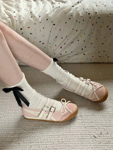womens outfit inspiration coquette aesthetic pink ballet flats sneakers socks with bows