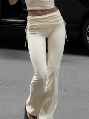womens y2k aesthetic coquette white fold over low rise flare pants petite