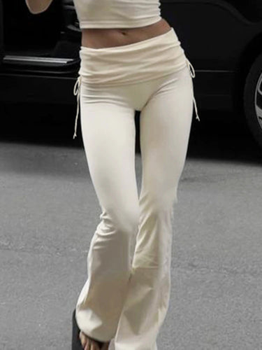 womens y2k aesthetic coquette white fold over low rise flare pants petite